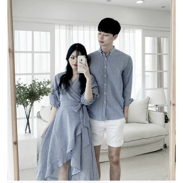 Đồ Đôi Nam Nữ, Áo Đôi Nam Nữ Đi biển đẹp, chụp hình cưới: Set áo váy sơ mi Hàn Quốc