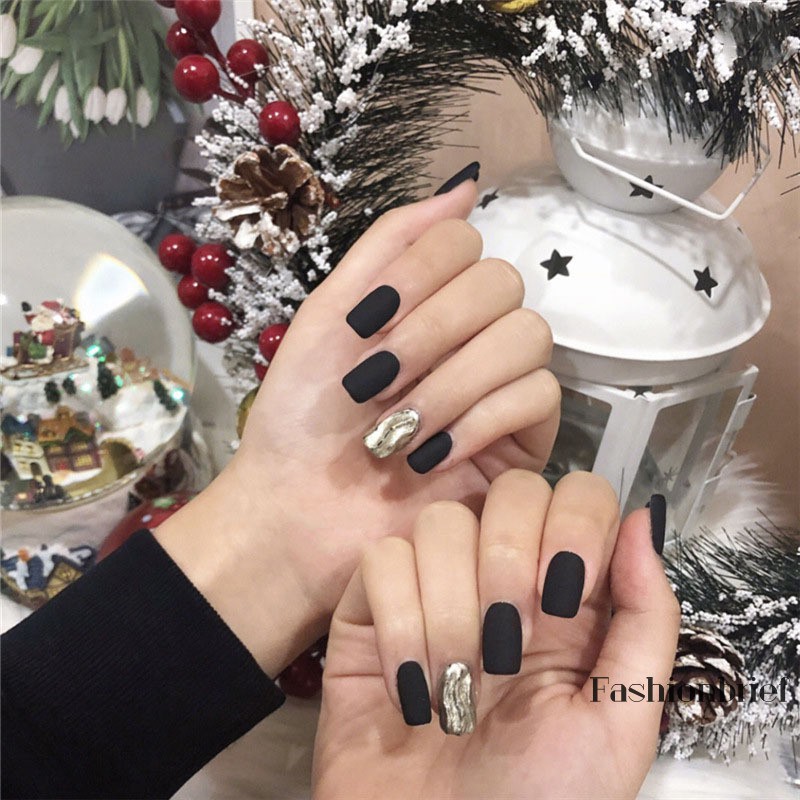 Set 24 Móng Tay Giả Màu Đen Nhám Thời Trang Nữ