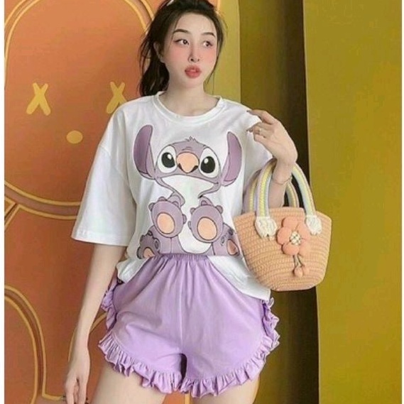 Sét bộ quần bèo TÍM kết hợp áo thun phôm rộng in hình PC