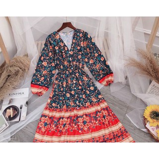 Đầm xoè maxi lụa cổ V tay dài