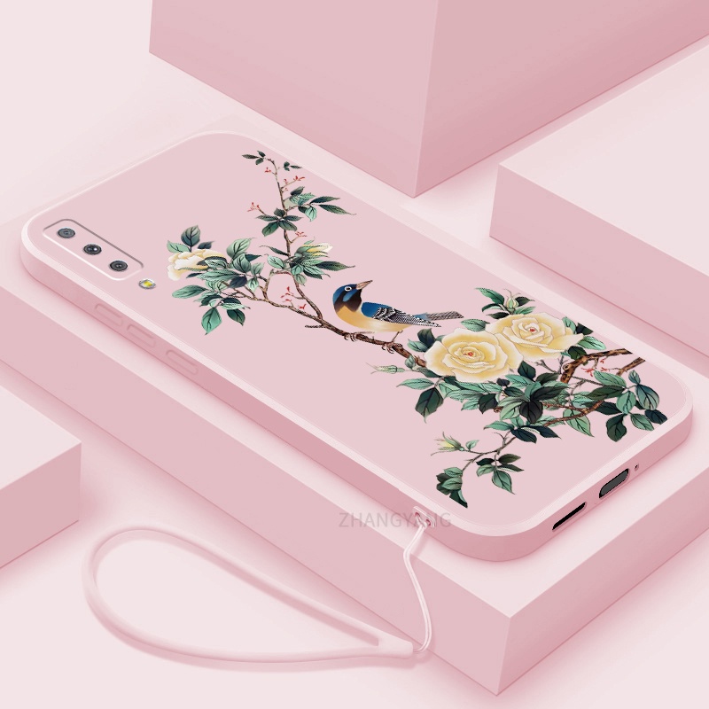 Ốp Điện Thoại TPU Mềm Họa Tiết Hoa Và Chim Có Dây Đeo Cho Samsung a70 a7