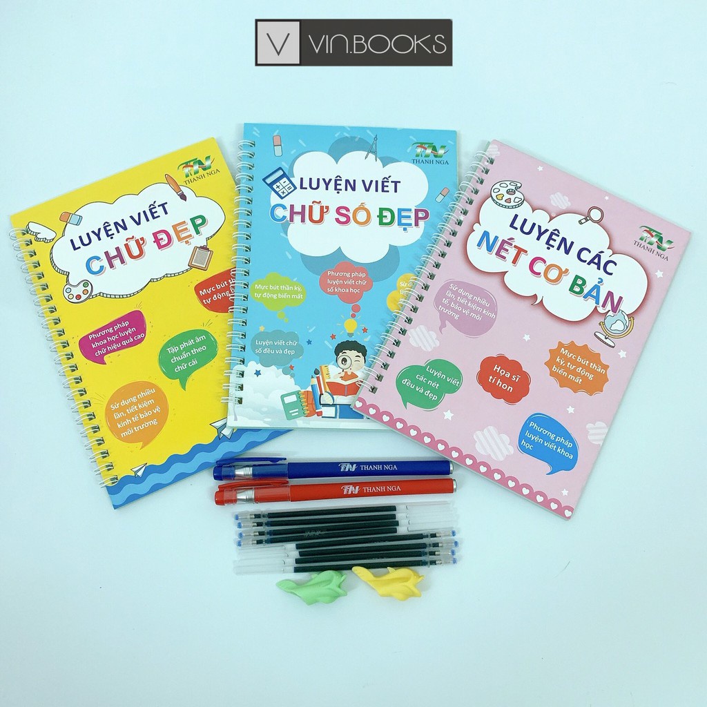 Bộ 3 Vở Tập Viết, Tập Tô Chữ Số Thông Minh Cho Bé ( Tặng 2 Bút Mực + 2 Cá Cố Định Tay + 8 Ngoài Mực ).