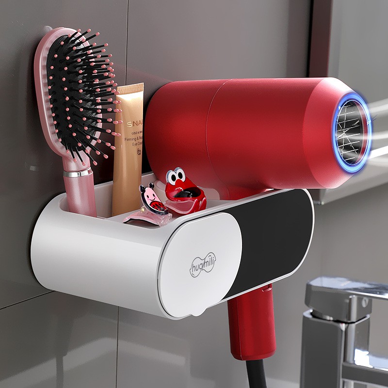 Giá đỡ máy sấy tóc dính tường nhà tắm siêu chắc có ngăn đựng đồ trang điểm l Giá để máy sấy tóc gắn tường cao cấp