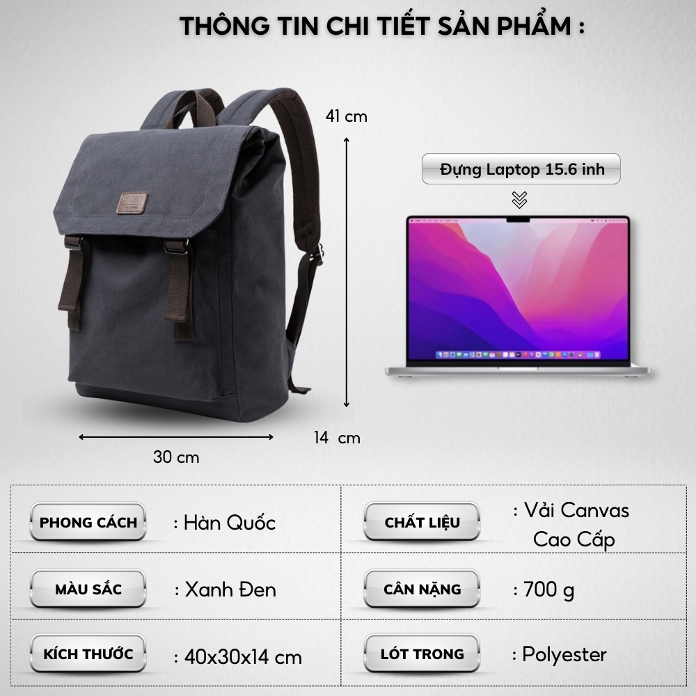 Balo Vải Thời Trang Ulzzang Nam Nữ,Vải Canvas Cao Cấp,Đựng Laptop 15,6 inh , Kiểu dáng trẻ trung, cá tính - 𝑰𝑩𝑨𝑮