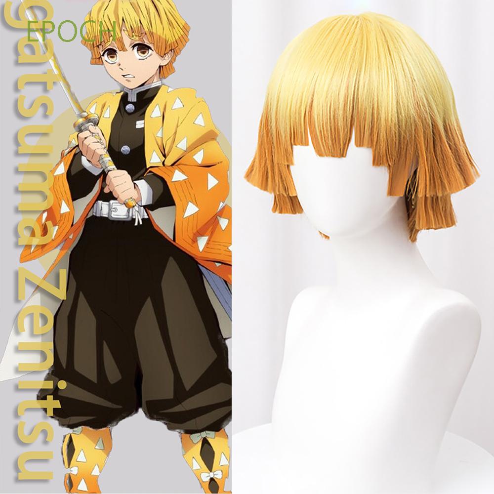 EPOCH High Quality Anime Synthetic Wigs for Theme Party Curly Short Hair Agatsuma Zenitsu Cosplay Wigs Men Yellow Gradient Orange with Hairnet High Temperature Fiber for Demon Slayer Costume