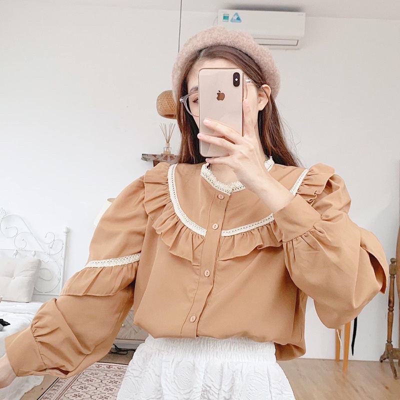Áo Sơmi Cổ Bèo Tay Phồng Tiểu Thư Tay dài ba màu cổ tròn phối ren phong cách Hàn quốc