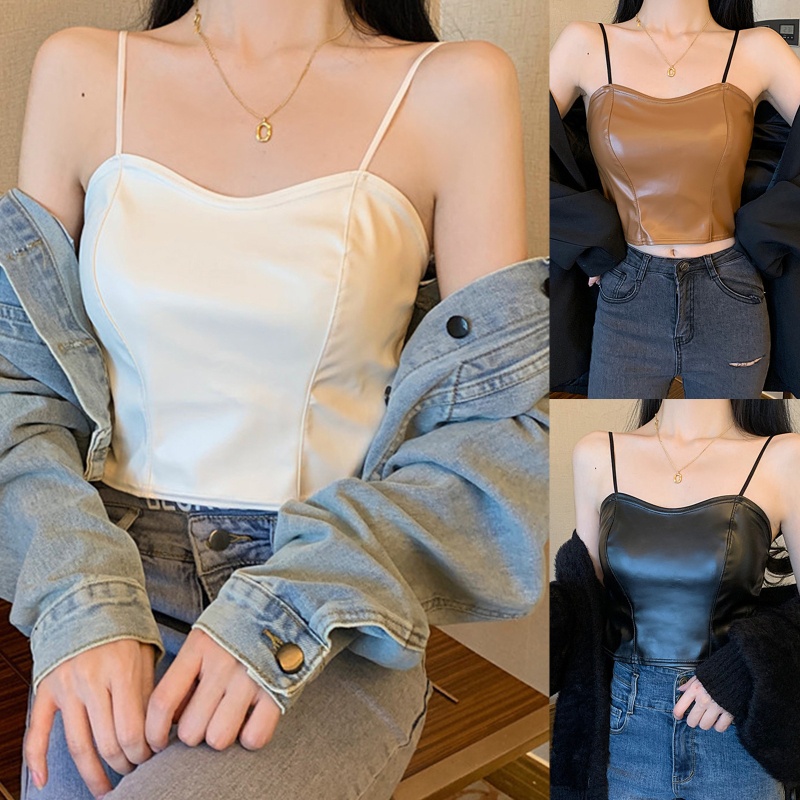 Brroa Áo Croptop Giả Da Hai Dây Cổ Thấp Có Đệm Ngực Gợi Cảm