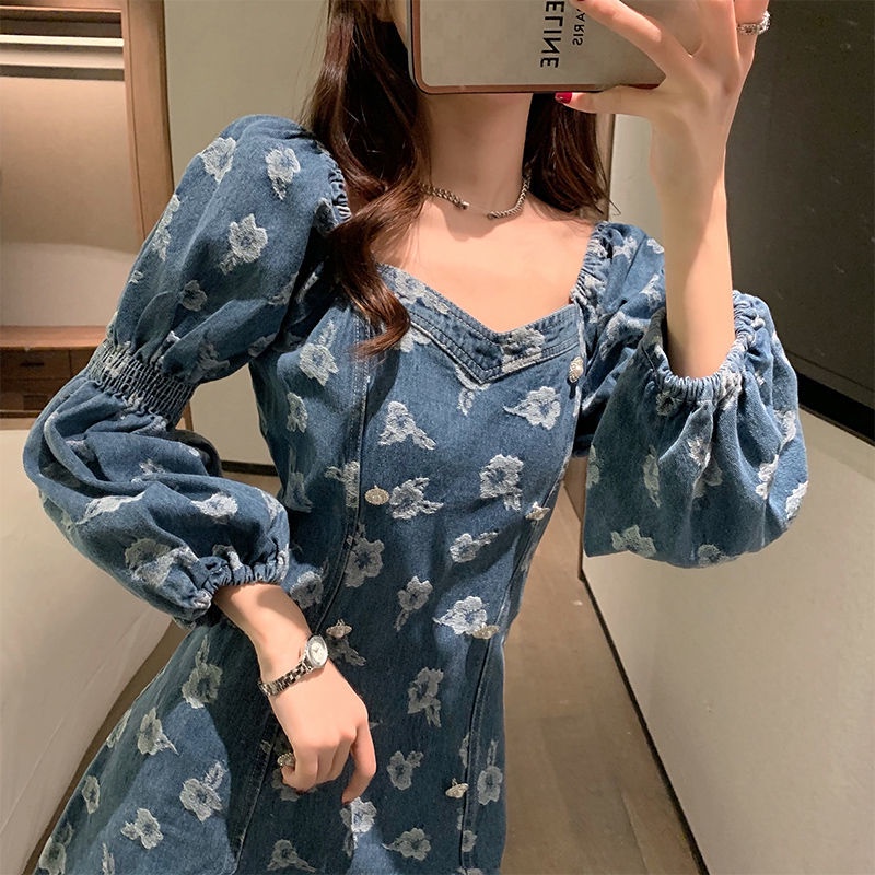 Đầm denim tay dài phồng ngọt ngào kiểu Pháp mới năm 2021