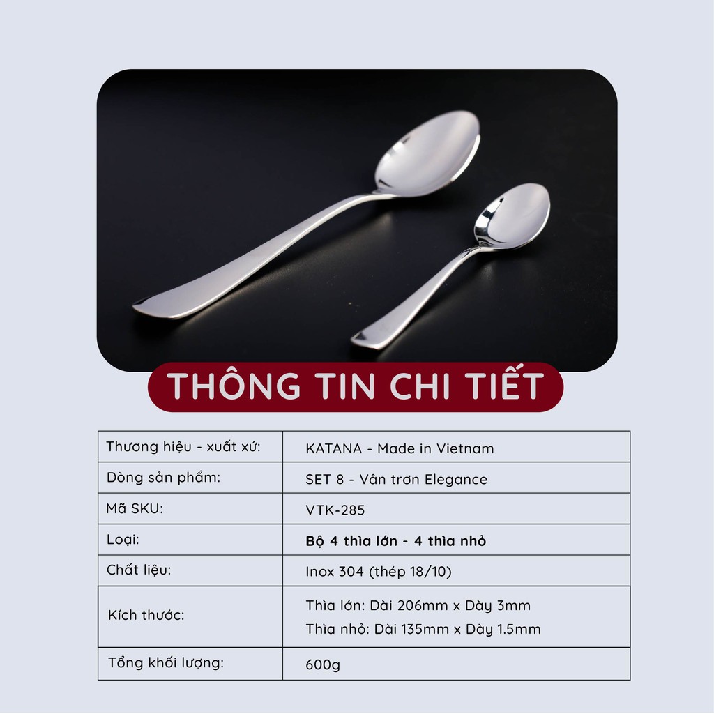 Bộ thìa súp và thìa uống trà, cafe inox vân trơn KATANA Elegance VTK285 8 món