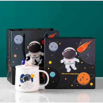 Cốc ly sứ có nắp Phi hành gia nhiều màu kèm thìa, hộp quà, túi quà 400ml dùng để uống nước, pha trà, pha cafe quà tặng