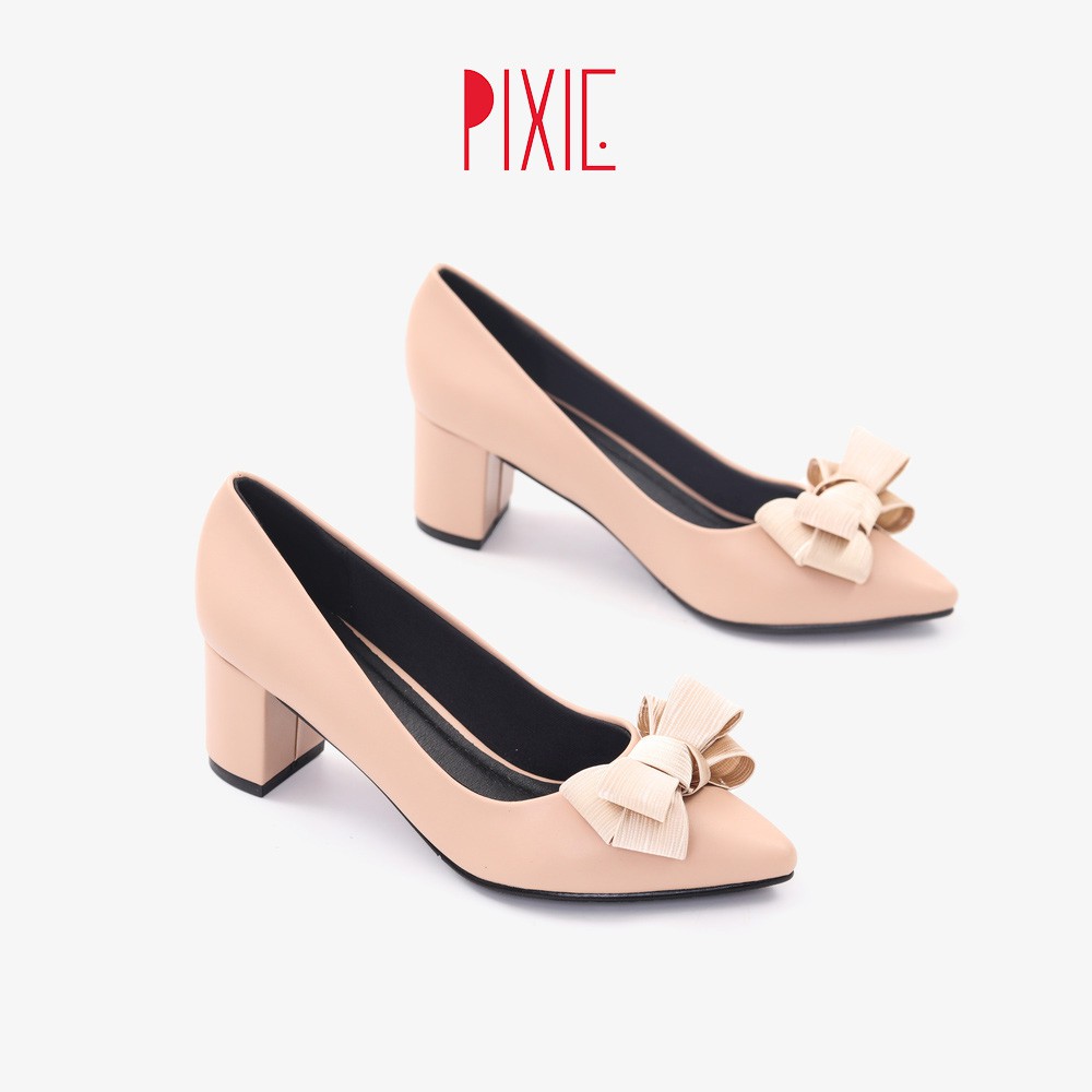 Giày Cao Gót 5cm Đế Vuông Mũi Nhọn Nơ Ấu Pixie P284 Màu Kem