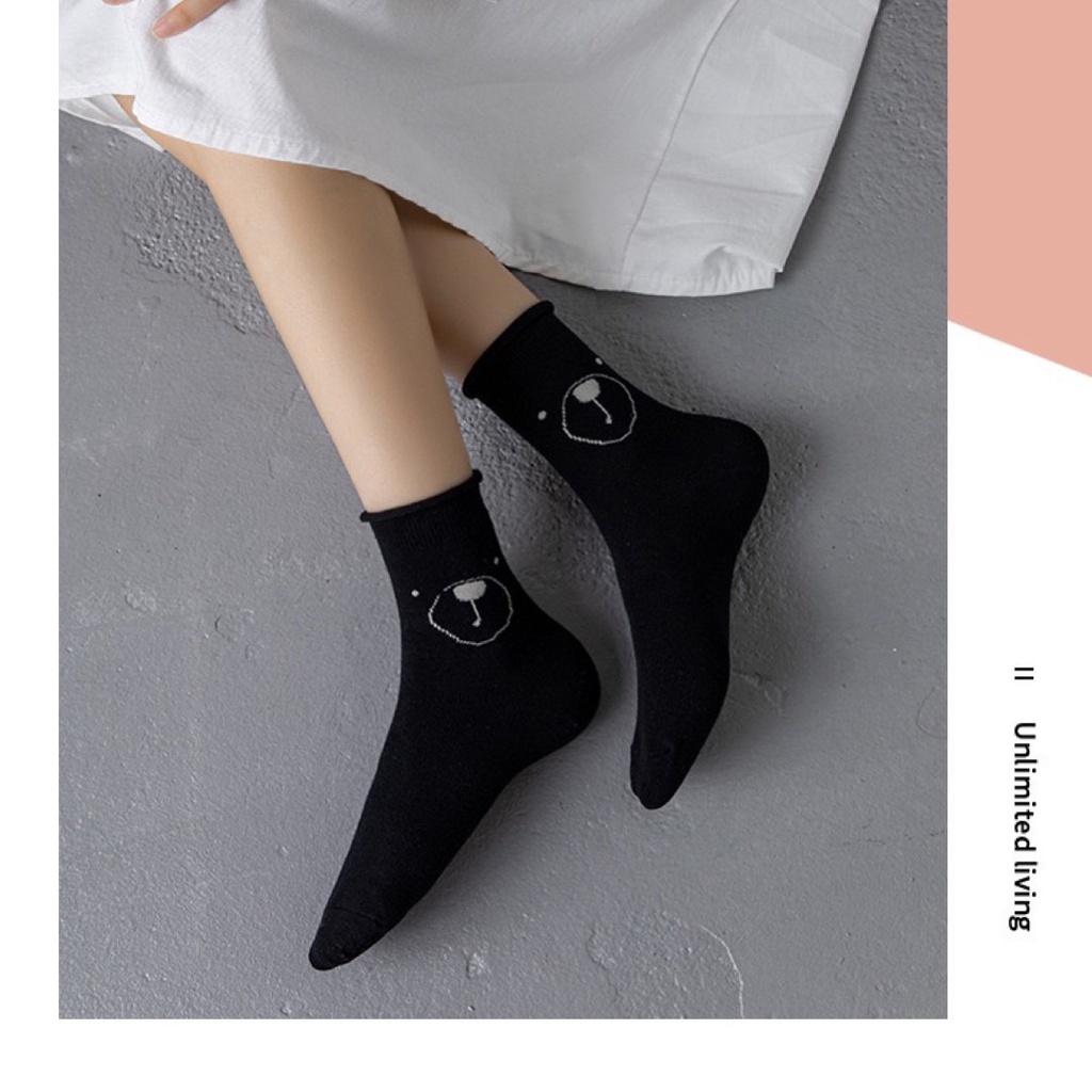 Tất nhún cổ bèo MOKANA tất cổ cao họa tiết gấu đang yêu TG02