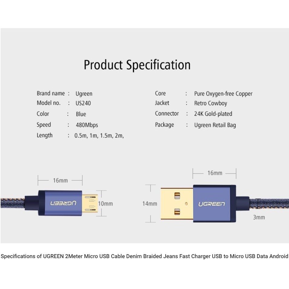 Cáp sạc và truyền dữ liệu USB 2.0 sang Micro USB dài 1-2m UGREEN US246 vỏ bọc da bò, dòng 2A