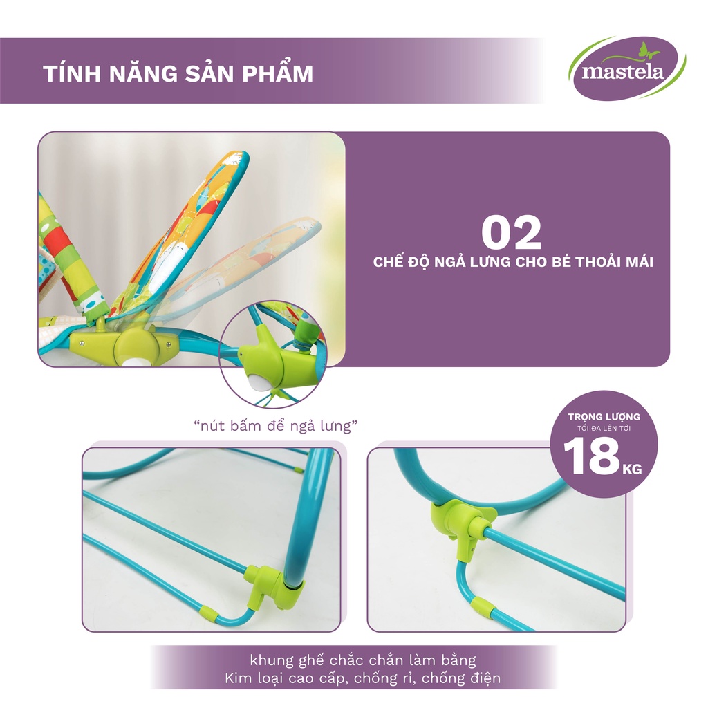 Ghế rung thư giãn kiêm bập bênh  2 trong 1 kèm 12 bản nhạc trắng ru ngủ Mastela 6922/21/20 cho bé từ sơ sinh tới 6 tuổi