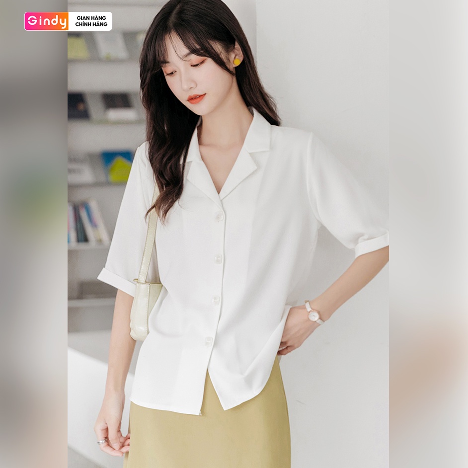 Mặc gì đẹp: [Chất Lượng Cao] Áo sơ mi nữ tay ngắn đẹp form rộng cổ vest kiểu công sở Hàn Quốc thời trang nữ công sở sinh viên cúc vuông GINDY A10114