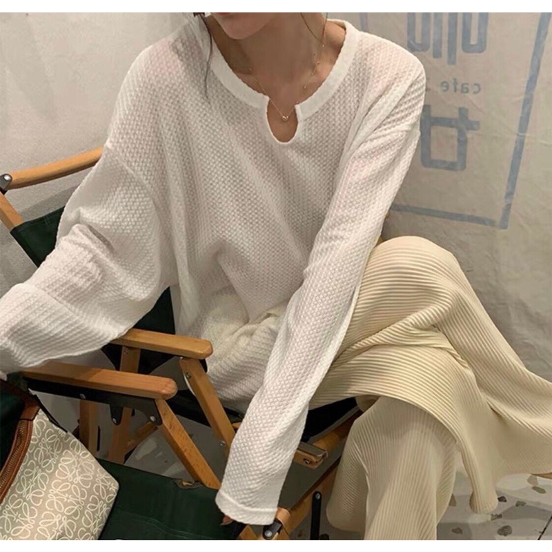 Áo thu đông len mỏng tay dài ❄Unisex long tee❄ Ảnh thật tại shop, màu trắng kem vintage