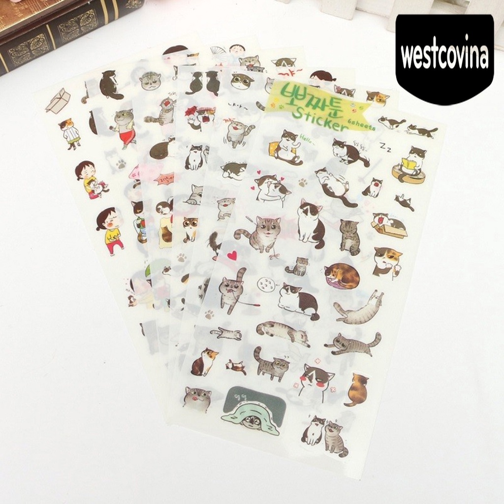 Phương Tây✎Set 6 Tấm Hình Dán Mèo Trong Suốt Trang Trí Nhật Ký