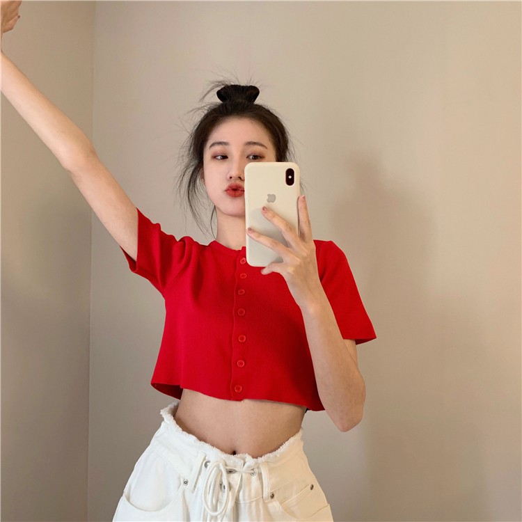 「HOME5」 Áo len croptop AimeiBeauty tay ngắn trẻ trung
