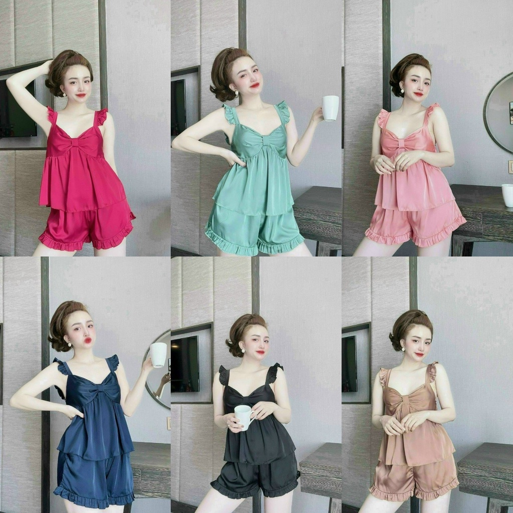 đồ ngủ mẫu nơ tay cánh tiên chất liệu satin mềm mại thoáng mát , freesize dưới 57kg