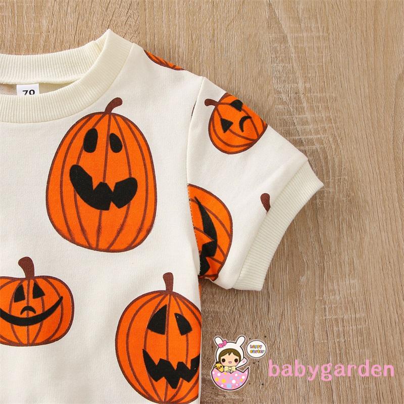 Áo Liền Quần Ngắn Tay Cổ Tròn In Họa Tiết Bí Ngô Hoạt Hình Phong Cách Halloween Cho Bé 0-3 Tuổi