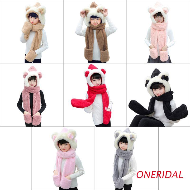 Set mũ tai gấu + găng tay + khăn lông thắt nơ ấm áp dễ thương mùa đông cho bé