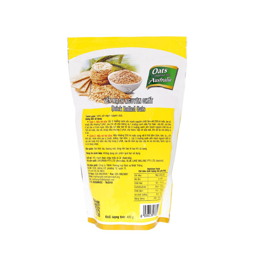 Yến mạch nguyên chất cán dẹt Union Quick Rolled Oats bịch 400g