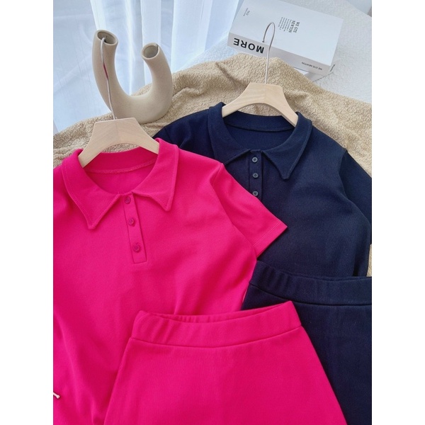 .Set ôm body áo thun polo có cổ +chân váy ngắn đen hồng cánh sen thời trang teen hot girl năng động thể thao dễ thương M