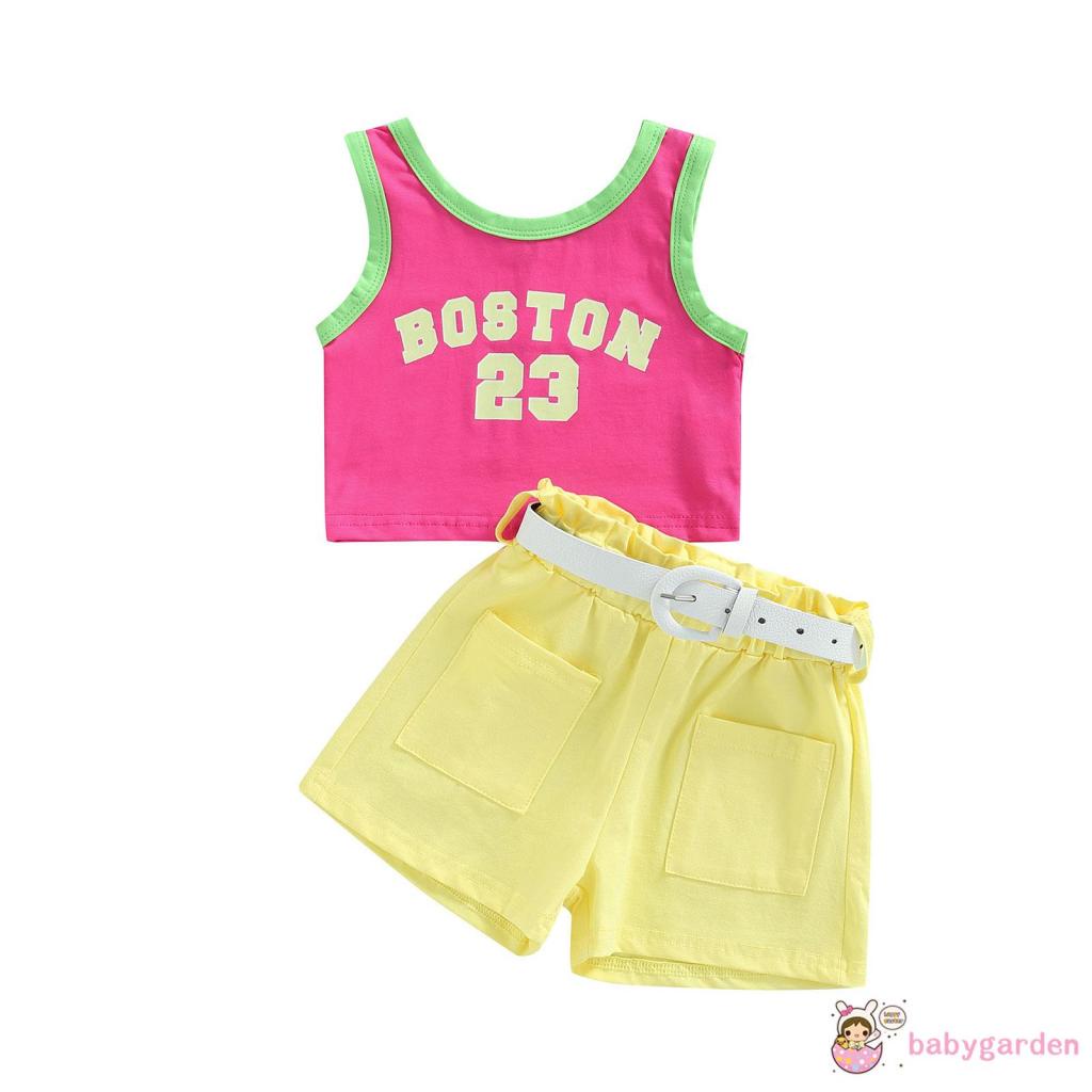 Bộ Áo Tank Top + Quần Short + Thắt Lưng In Chữ Thời Trang Mùa Hè Cho Bé Gái 1-6 Tuổi