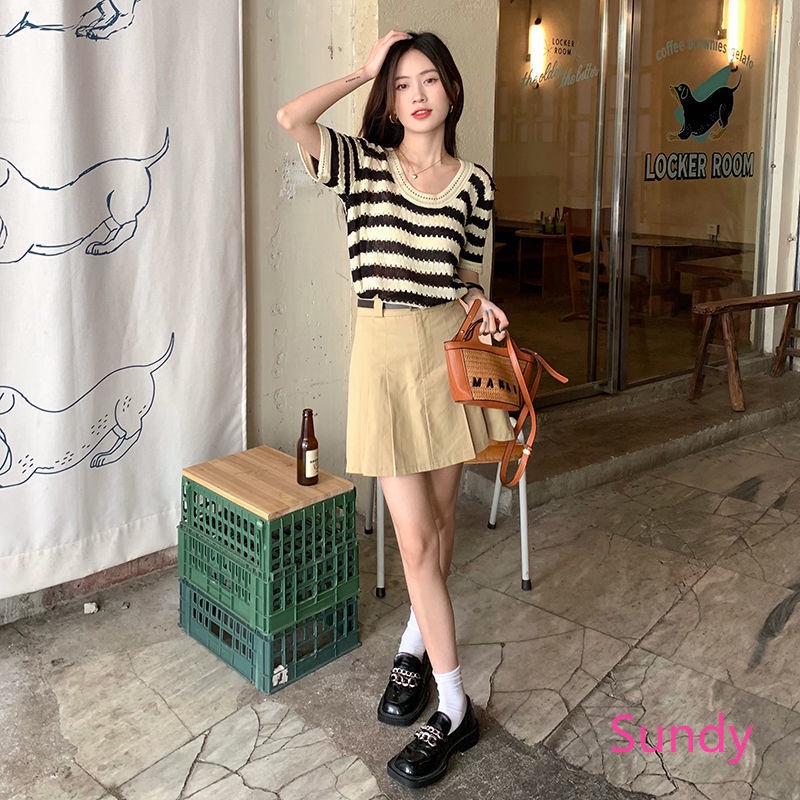 Áo Dệt Kim Cổ Tròn Dáng Rộng Họa Tiết Kẻ Sọc Thời Trang Mùa Hè Cho Nữ