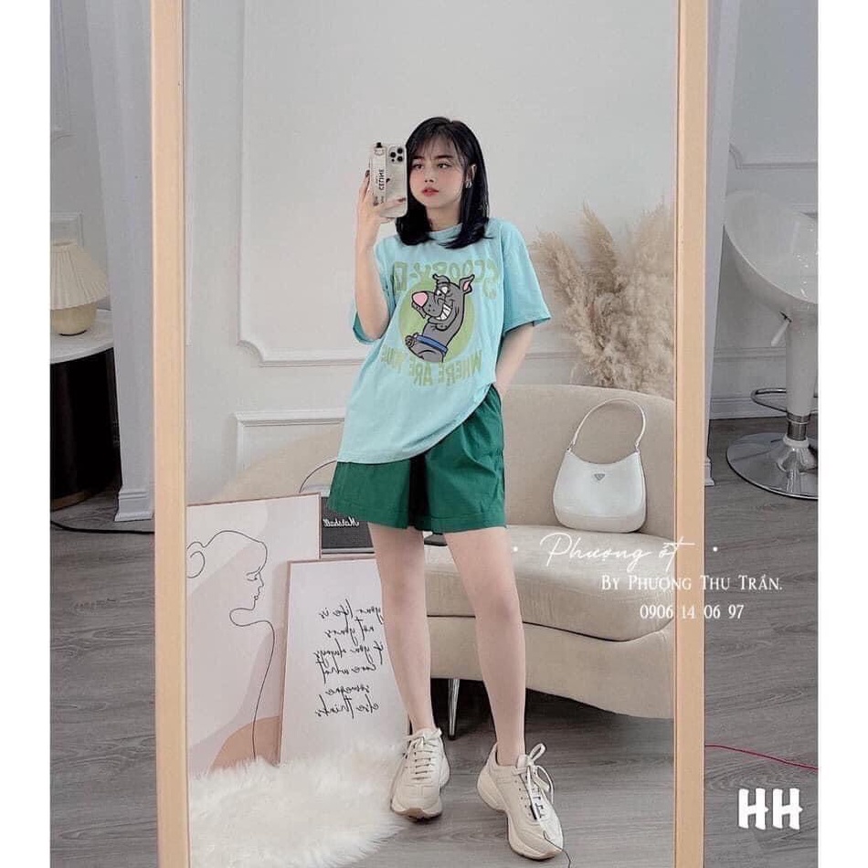 Bộ đồ quần đùi kèm áo phông nữ xanh Chú Chó Tinh Nghịch, sét đồ mặc nhà nữ quần đùi áo thun mặc nhà thể thao năng động