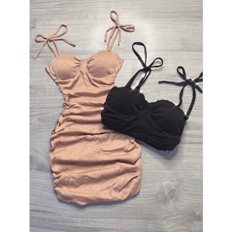 Có mút ngực Đầm Body nhún Ngắn Cúp Ngực Hai Dây Thắt Nơ Vai Sexy Nữ Tính