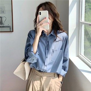Áo sơ mi dáng rộng dài tay màu xanh trơn dễ phối đồ phong cách Hàn Quốc dành cho nữ