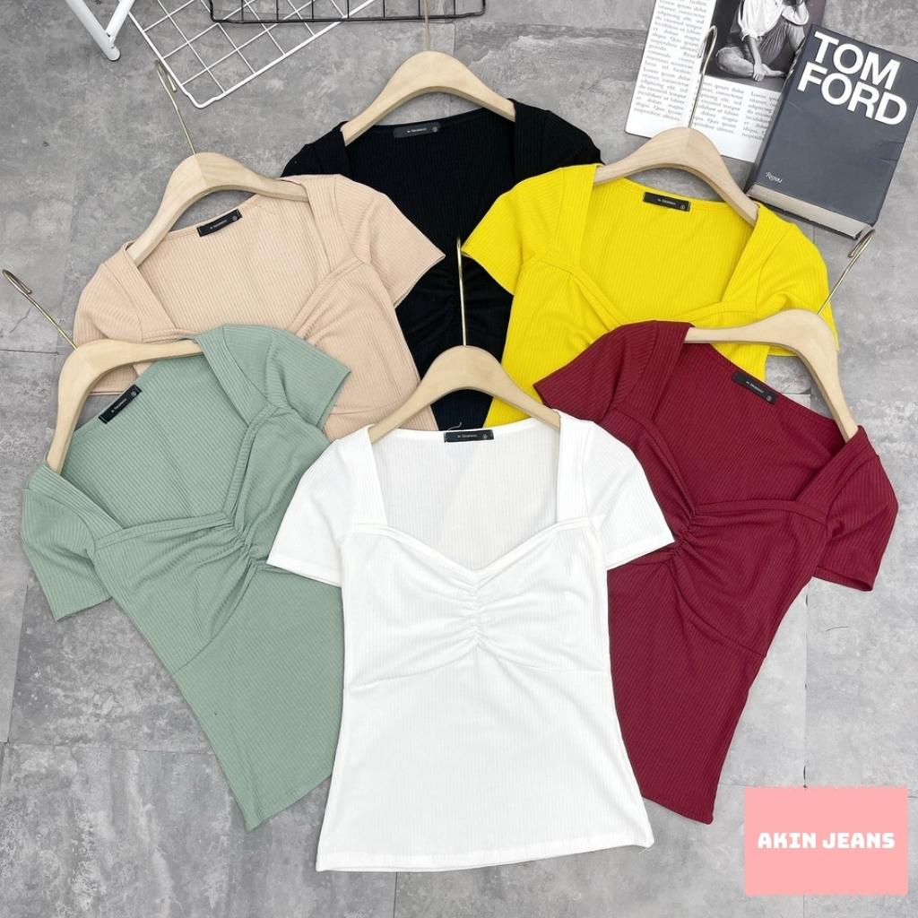 Áo Thun Nữ Dúm Ngực Ôm Body Siêu Tôn Dáng Tiểu Thư Chất Cotton Cổ Vuông Tay Ngắn Akin Jeans, APDN