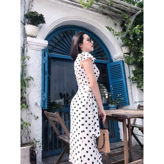 Váy midi trắng chấm bi đen tay cánh tiên