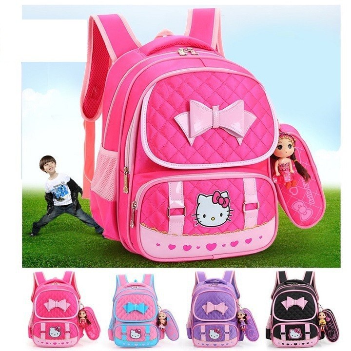 Balo Cho Bé HELLO KITTY 3558 Chống Gù Lưng Cho Bé Tiểu Học, Balo Học Sinh Tặng kèm Búp Bê Và Hộp Bút