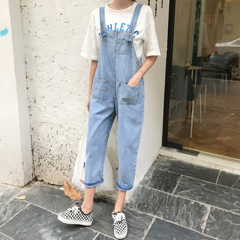 [ORDER] Quần yếm ulzzang quần yếm jean lửng rộng ống suông quần yếm bò jeans kiểu hàn quốc