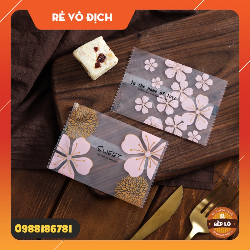 Túi Hàn Đựng Bánh Quy Kẹo Nougat Hình Hoa Anh Đào SIÊU ĐẸP - Set 100 túi
