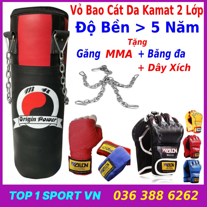 Vỏ bao cát đấm bốc boxing 105cm, Ø=35cm 3 lớp + Găng boxing mma  + Băng đa, bảo hành vỏ bao cát đấm bốc boxing 6 tháng