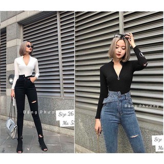 Quần jean nữ lưng cao đai xéo cách điệu