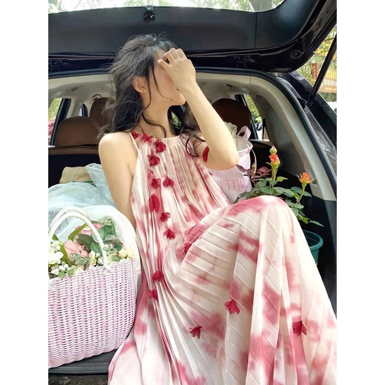 Jane Đầm suông xếp li màu loang hồng dịu dàng kết hoa rơi nhẹ kiểu Pháp ẢNH THẬT CUỐI