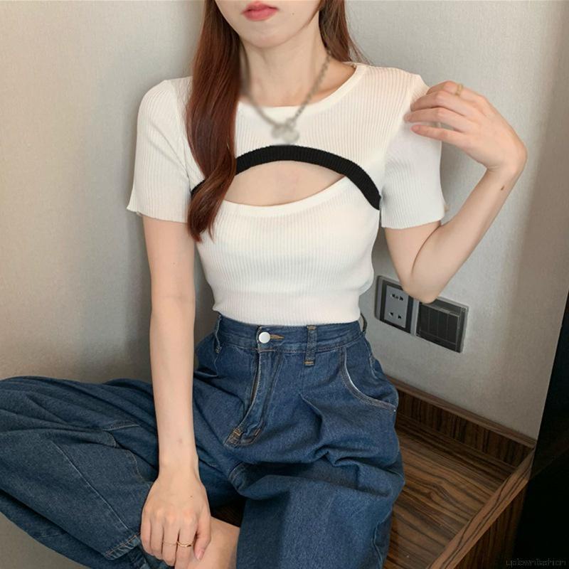 Áo thun dệt kim cổ tròn tay ngắn dáng ôm thời trang mùa hè cho nữ
