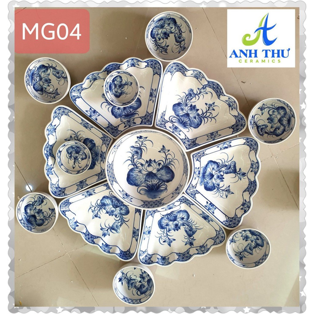 Bộ bát đĩa hoa mặt trời men gốm vẽ hoa màu xanh lam tràm Bát Tràng set bát đĩa hàng chuẩn loại 1 decor bàn ăn dễ thương