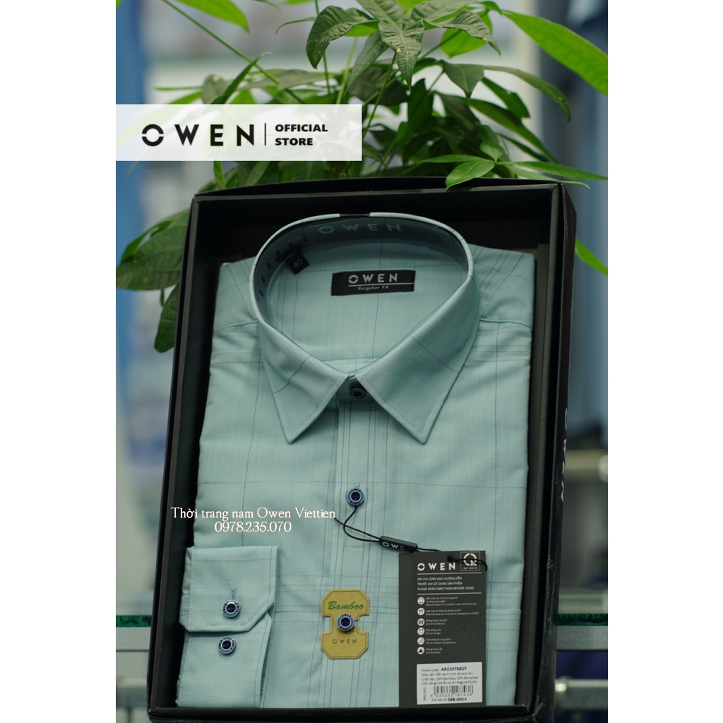 OWEN - Áo sơ mi dài tay nền Xanh mint kẻ caro rêu Regular Fit sợi tre 2022