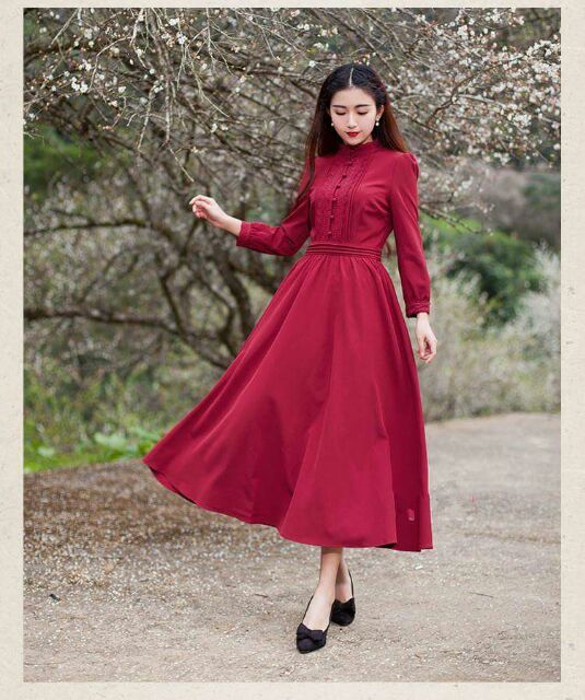 Đầm maxi cổ V đính nút mặc được 2 kiểu tay ngắn dài | BigBuy360 - bigbuy360.vn