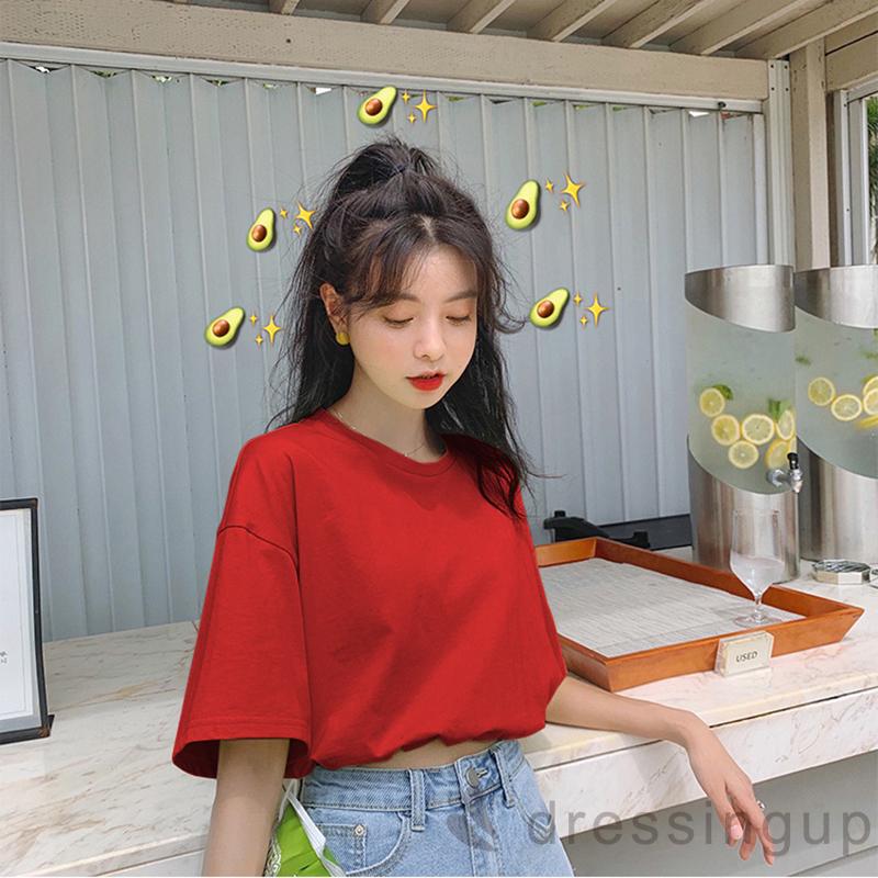 Áo Thun Tay Ngắn Cổ Tròn Màu Trơn Thiết Kế Đơn Giản Dành Cho Nữ