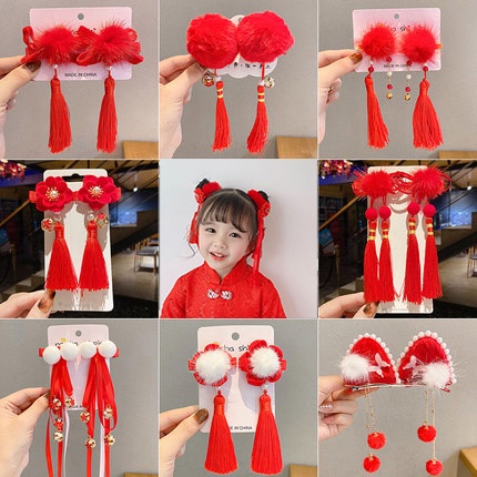 Kẹp Tóc Hình Hoa Đỏ Kiểu Hán Phục Năm Mới Dễ Thương Cho Bé Gái