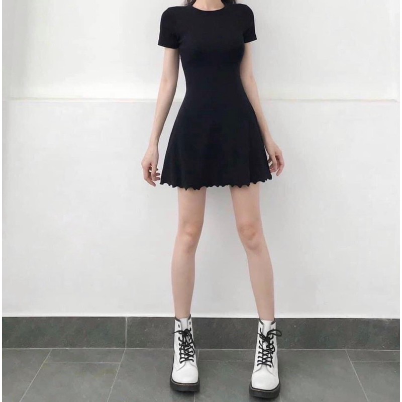 Đầm xòe đen nữ dưới 60kg Daski - váy bo tăm trơn | BigBuy360 - bigbuy360.vn