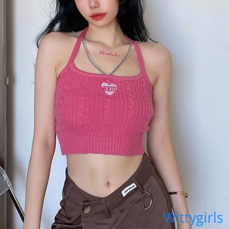 Áo Croptop Dệt Kim Sát Nách Thêu Họa Tiết Trái Tim Thời Trang Mùa Hè Cho Nữ