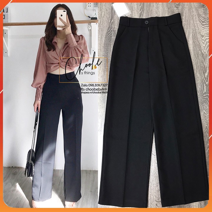 Quần ống rộng Choobe lưng cạp cao baggy vải nữ dài suông loe culottes xuông màu đen Q01