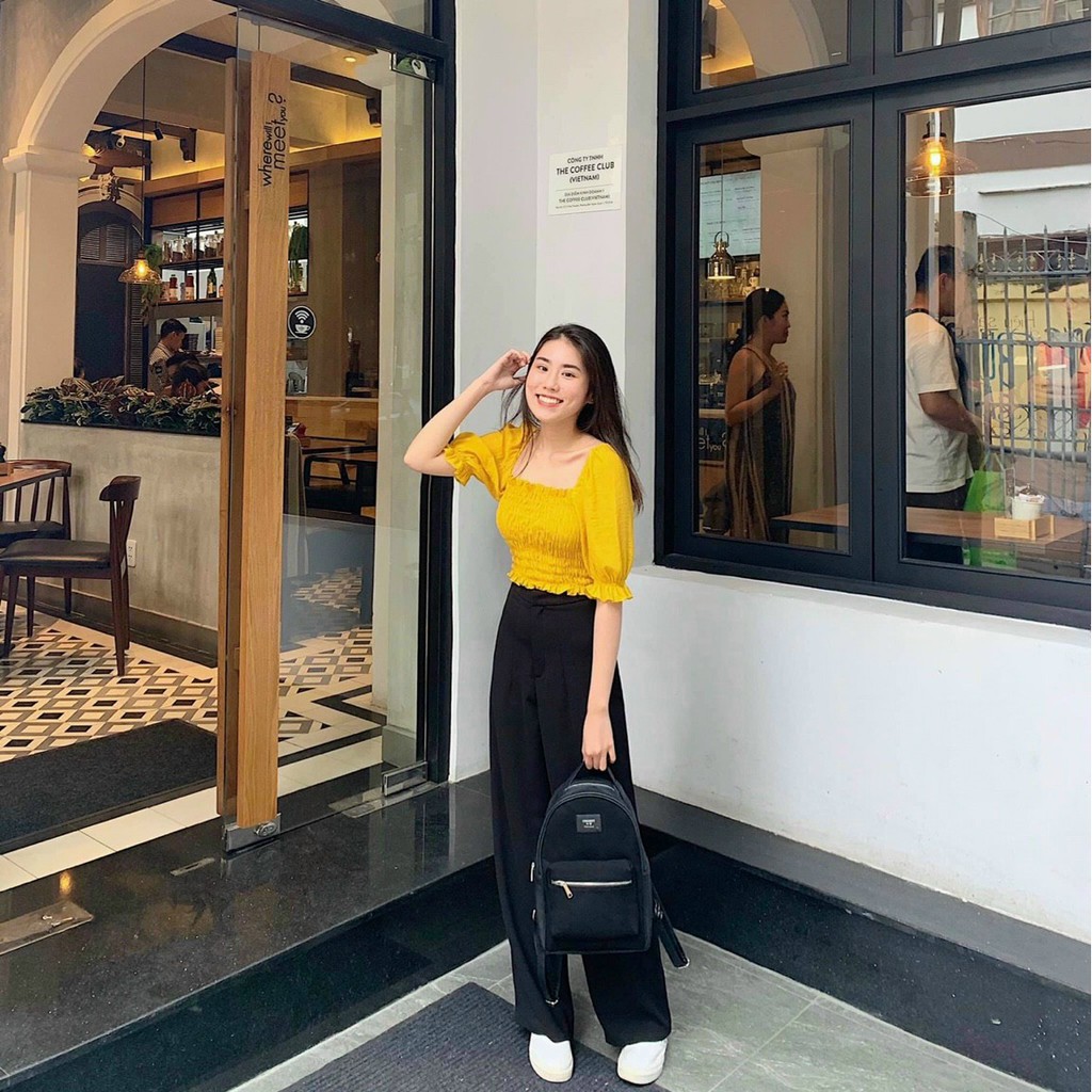 [GIÁ HỦY DIỆT] Set áo nhún bèo quần ống rộng Dễ Thương Phối Quần Tây Cạp Cao Ống Rộng